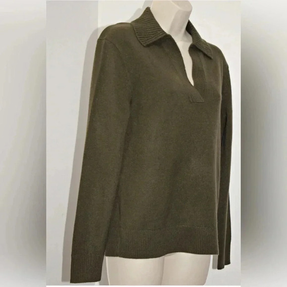 🆕 Theory Polo Collar 100% Soft Cashmere Pullover Sweater Small Olive - Picture 6 of 12